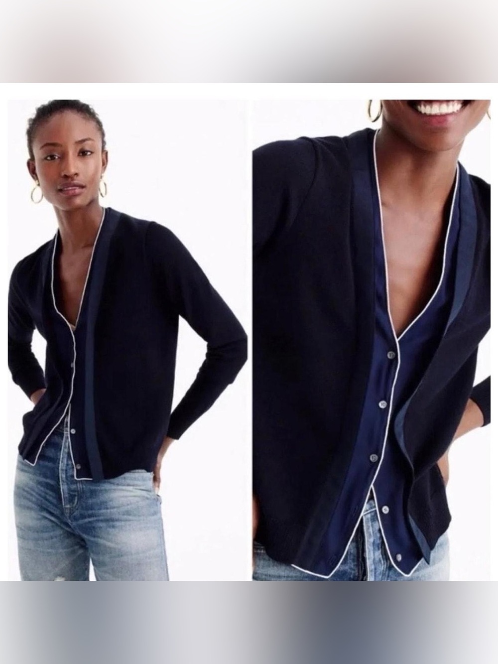 J. Crew Merino Wool Navy Blue Contrast Ribbon Trim Cardigan Sweater Size Large
